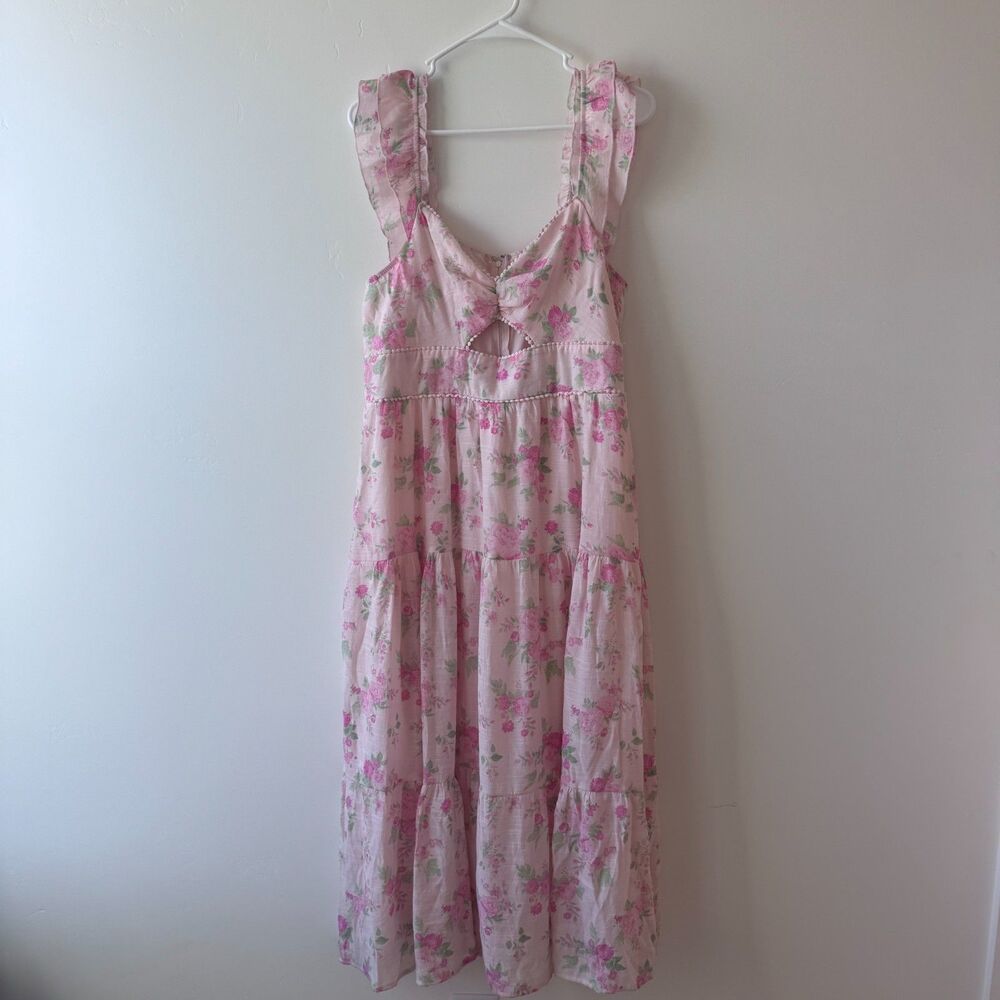 Pink Floral Ruffle Maxi Dress Cutout Tiered Size XL Trixxi Los Angeles